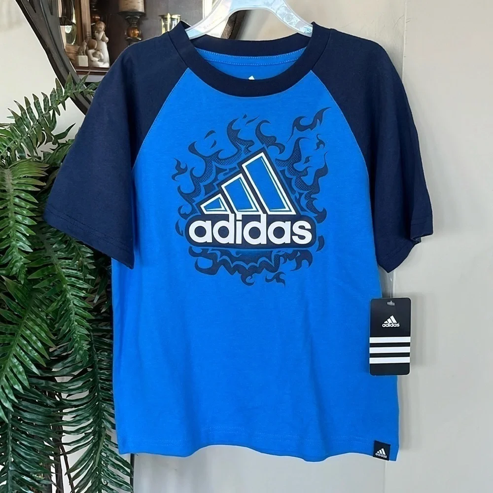 Brand New Adidas Blue Colorblock Shirt Fire Flames Graphic Print Athletic Top